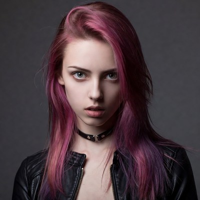 Model with pink hair and leather