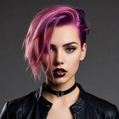 Young woman with pink hair and leather jacket