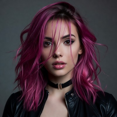Woman with pink hair in leather jacket
