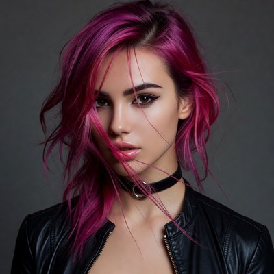 Young woman with pink hair in black jacket
