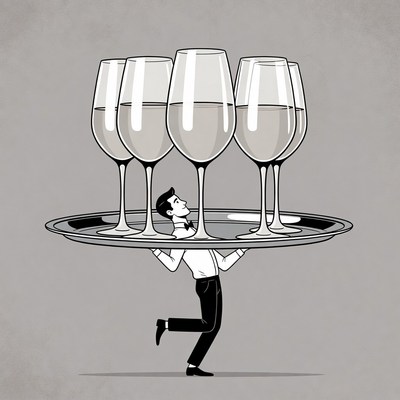 Waiter carries glasses on tray