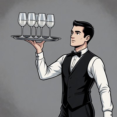 Waiter serves glasses on tray