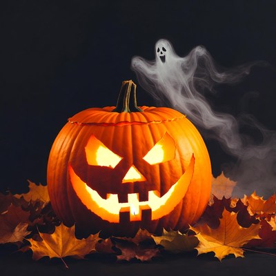 Halloween pumpkin with ghost and leaves