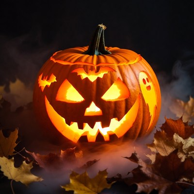 Carved pumpkin with spooky design