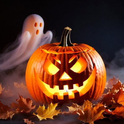 Halloween pumpkin with ghost visible