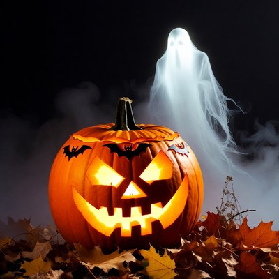 Halloween pumpkin with ghost apparition