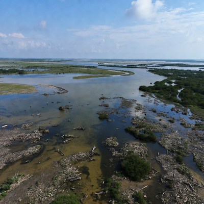 River bends through wetland area
