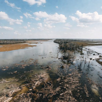 River landscape with trees and clouds