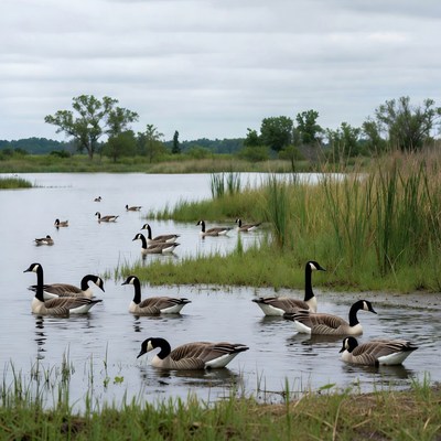 Geese swim in the lake