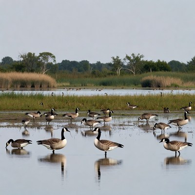 Geese gather by the water