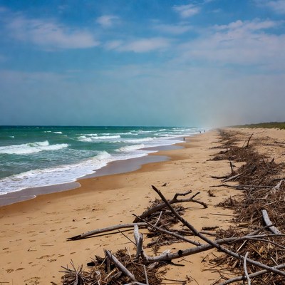 Beach with driftwood and waves