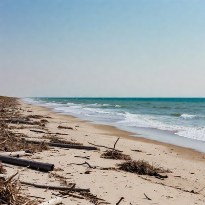Waves wash onto a beach with debris