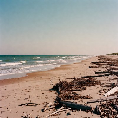 Waves and driftwood on beach