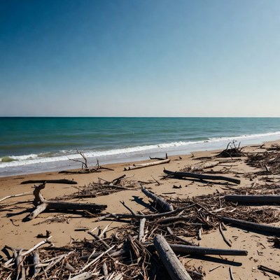 Shoreline with driftwood and waves