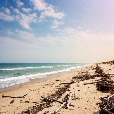 Waves and driftwood on the shore