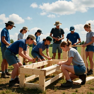 Students build wooden structure outdoors