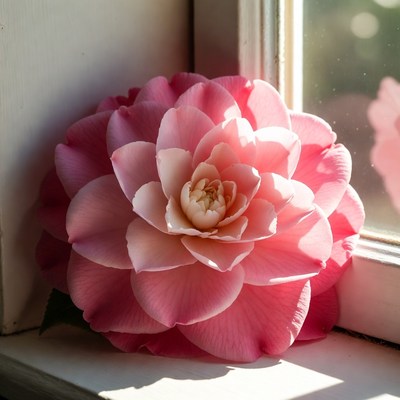 Pink flower on windowsill in sunlight