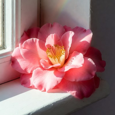 Pink flower on a windowsill