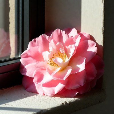 Pink flower on window sill
