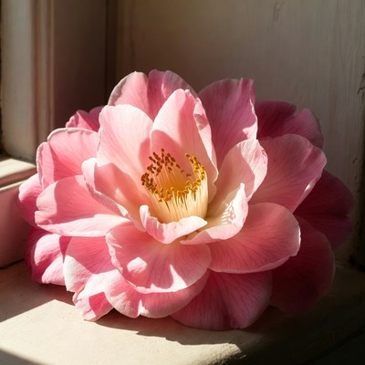 Flower on window sill in sunlight
