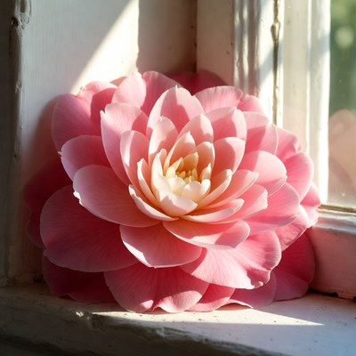 Pink flower on window sill