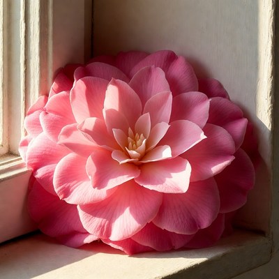 Bright pink flower by window