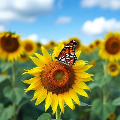 Butterfly on sunflower in a field