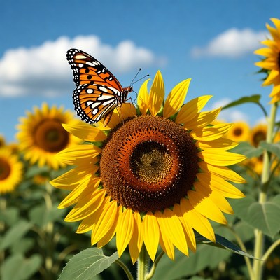 Butterfly on sunflower in field