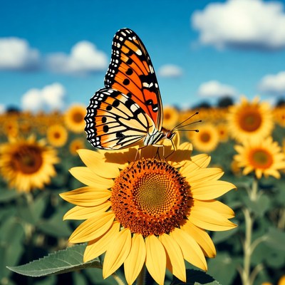 Butterfly sitting on sunflower in field