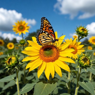 Butterfly on sunflower in field
