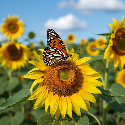Butterfly on sunflower in field