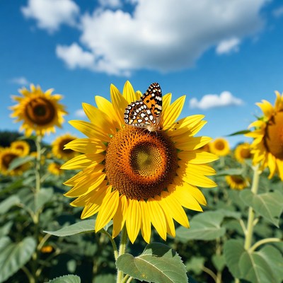 Butterfly on sunflower in field
