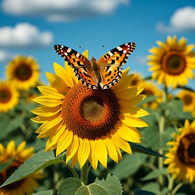 Butterfly on sunflower in field