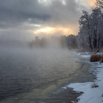 Misty lake during winter morning