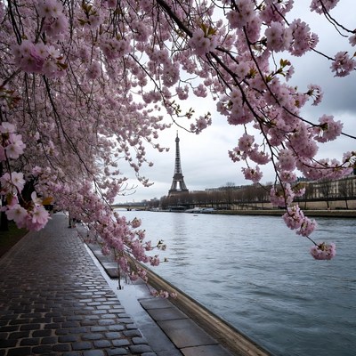 Cherry blossoms by the seine river in paris