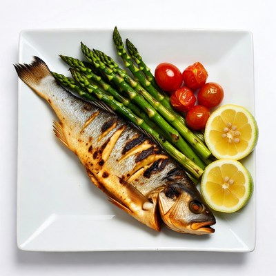 Grilled fish with vegetables and lemon