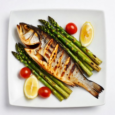 Grilled fish with vegetables on plate