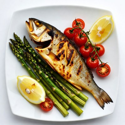 Grilled fish with vegetables on plate