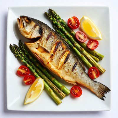 Grilled fish with vegetables and lemon