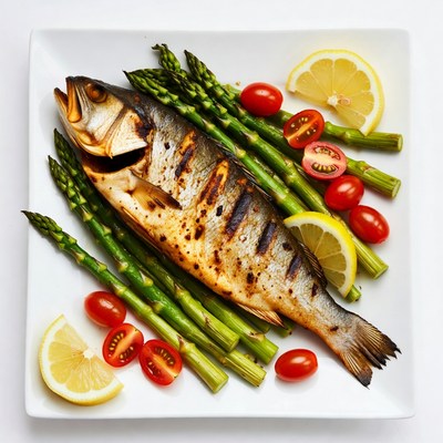 Grilled fish with vegetables on plate