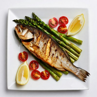 Grilled fish with vegetables and lemon