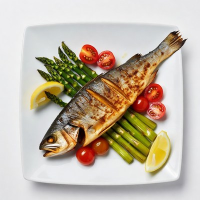 Grilled fish with vegetables on a plate
