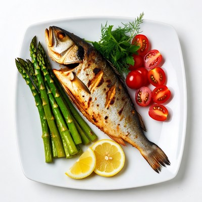 Grilled fish with vegetables and lemon