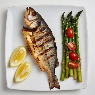 Grilled fish with vegetables and lemon