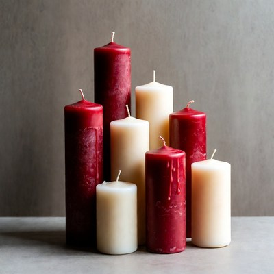 Group of red and white candles arranged on a table