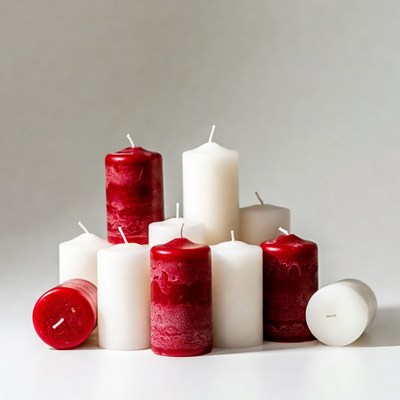 Colorful candles arranged on white surface
