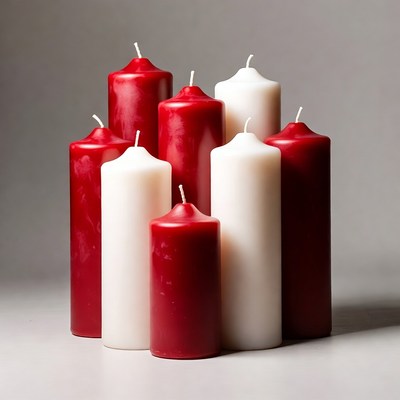 Group of red and white candles stacked