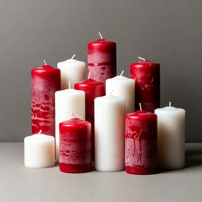 Group of red and white candles on table
