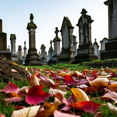 Colorful leaves cover cemetery ground