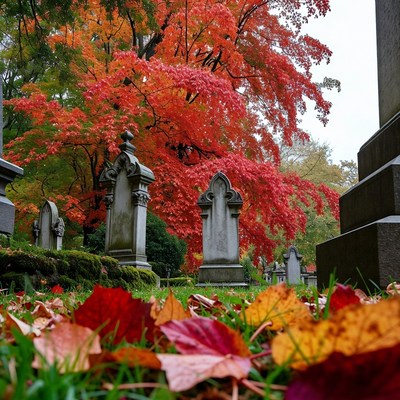 Colorful autumn leaves on graves